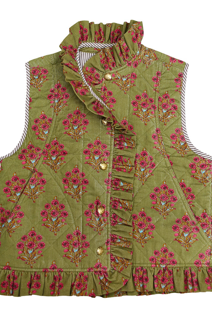 Olive Green Floral Ruffled Pocket Vest