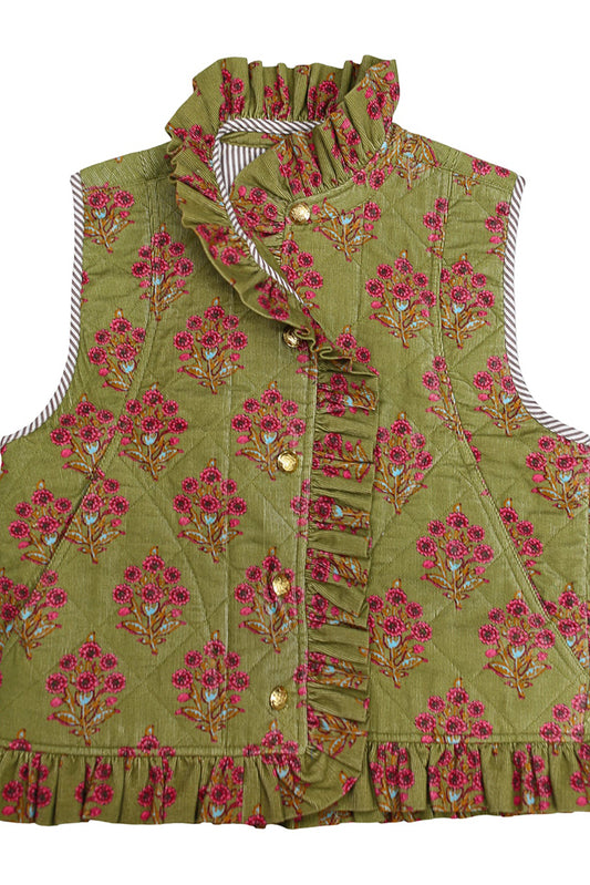 Olive Green Floral Ruffled Pocket Vest