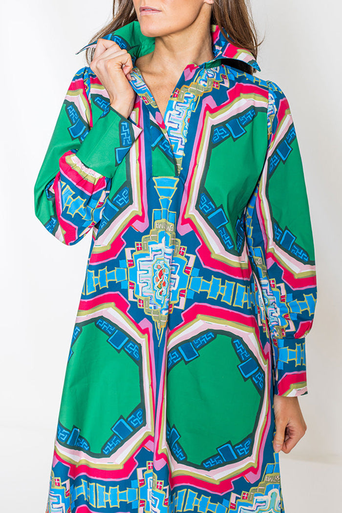 Geometric Print Collared Long Balloon Sleeve Maxi Dress