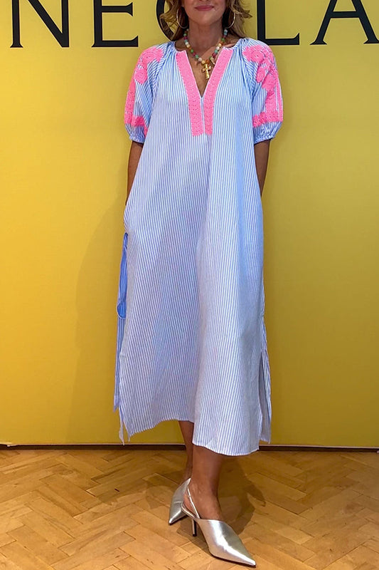 Embroidered Belt Striped Dress