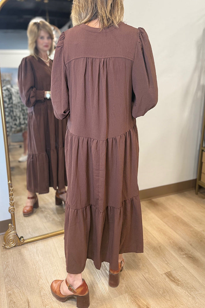 Pocketed Smocked Cuff Tiered Midi Dress