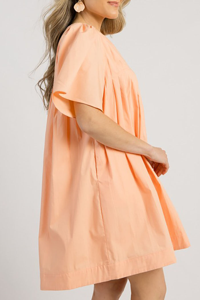 Solid Color Pleated Pocket Dress