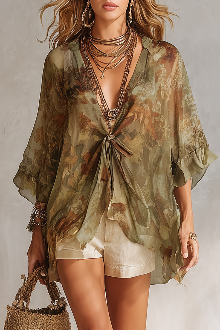 Floral Tie Front Blouse Short Set