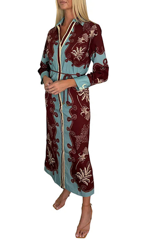 V-Neck Button-Front Long Sleeve Maxi Dress