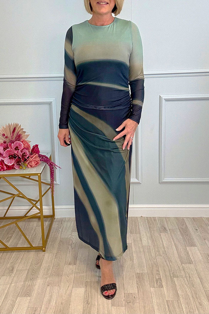 Abstract Wave Print Long Sleeve Dress