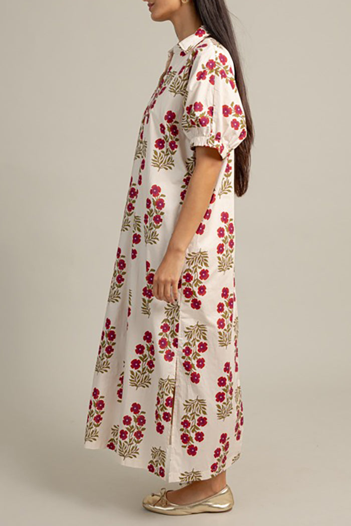 Floral Print Puff-Sleeve Split Maxi Dress