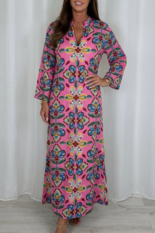 Pink Floral Long Sleeve Maxi Dress