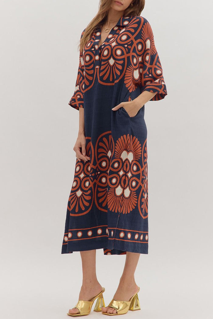 Pocketed Geometric Print Midi Dress