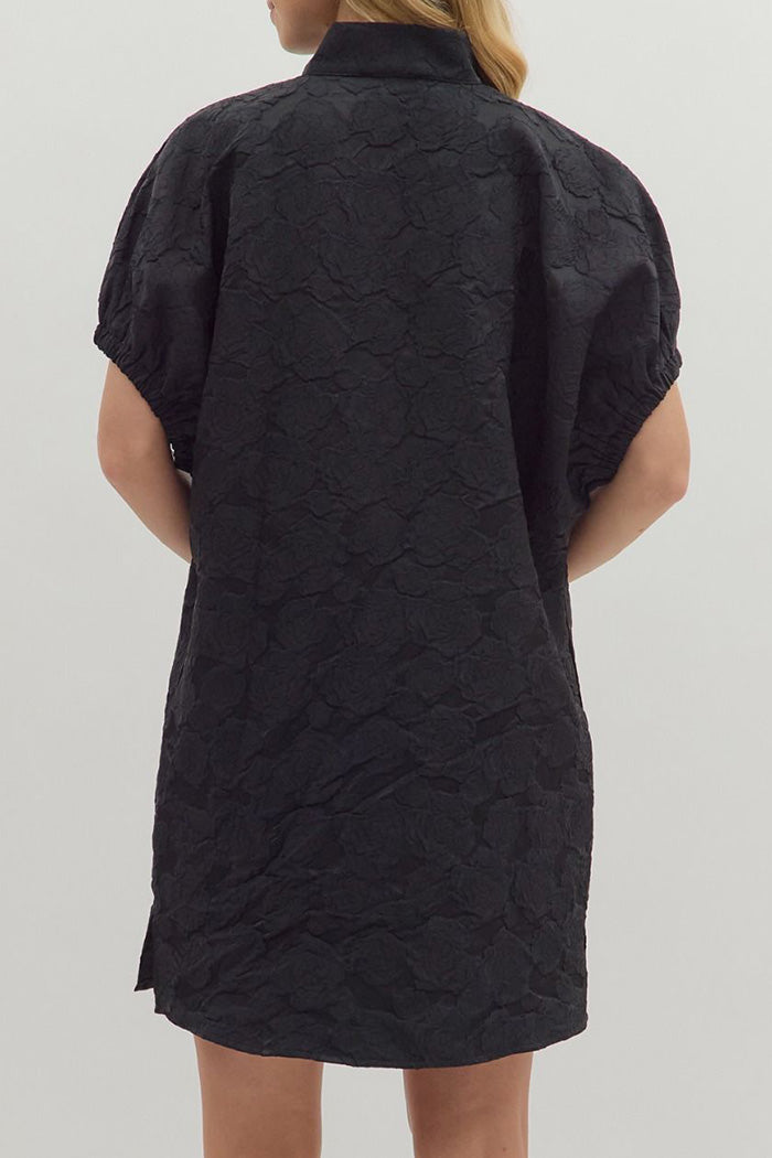 Pocketed Floral Jacquard Short Sleeve Mini Dress