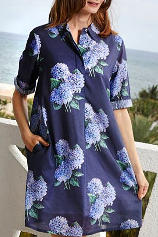 Half Sleeve Floral Print Pocket Dress