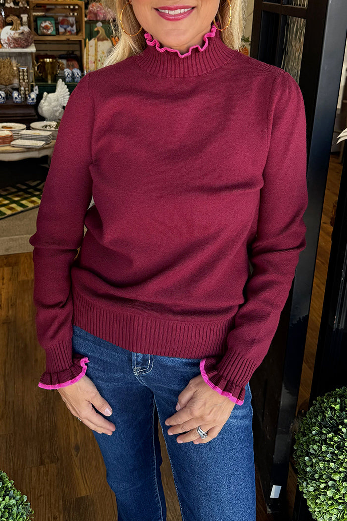 Ruffle-Trim Mock Neck Sweater