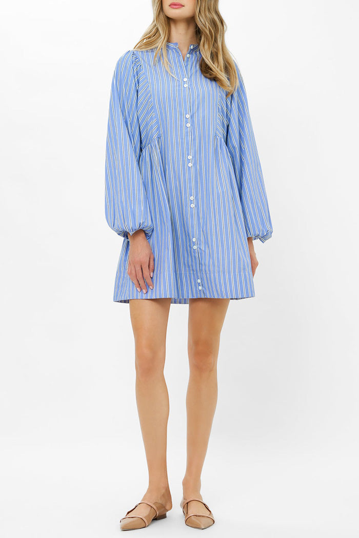 Pinstripe Balloon Sleeve Button Dress