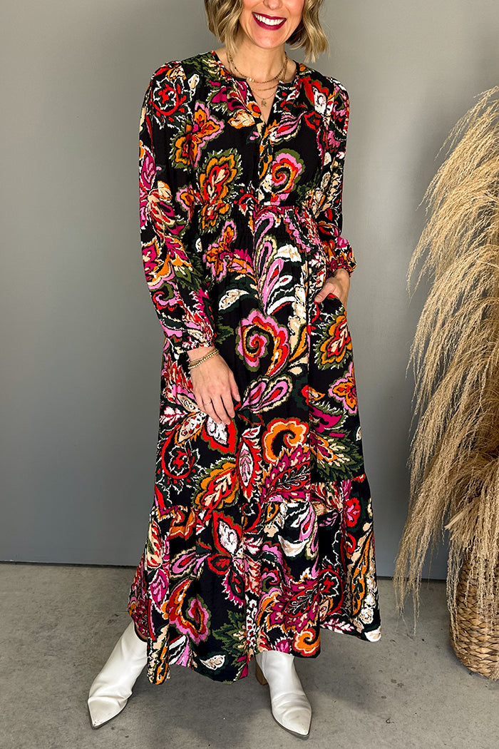 Floral Patterrn Pocket Button Maxi Dress