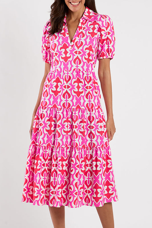 Puff Sleeve Pocket Tiered Midi Dress