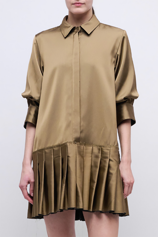 Hidden Button Pleated Hem Shirt Dress