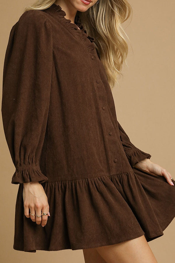 Corduroy Ruffle Trim Dress
