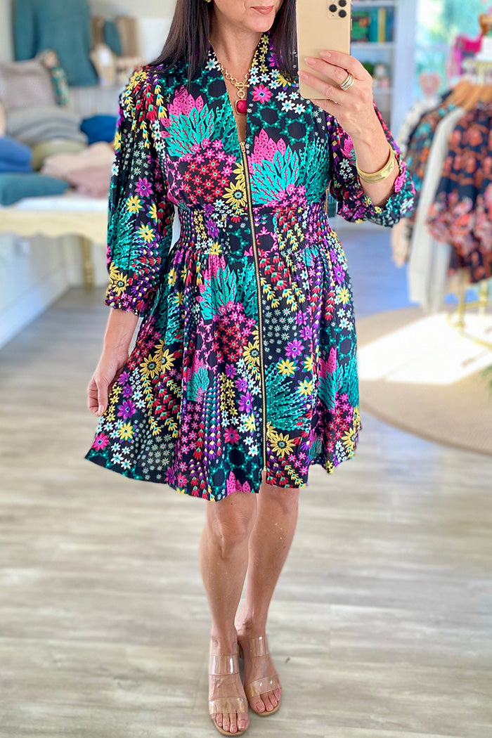 3/4 Puff Sleeve Floral Zip Front Mini Dress