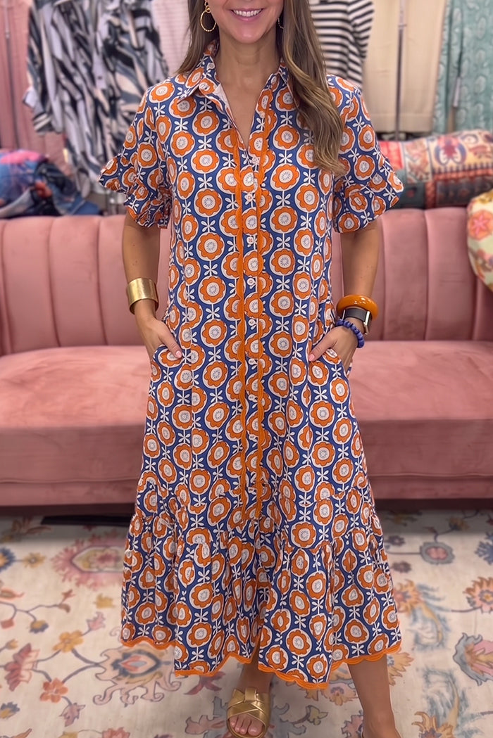 Ruffle Sleeve Hem Geo Print Dress