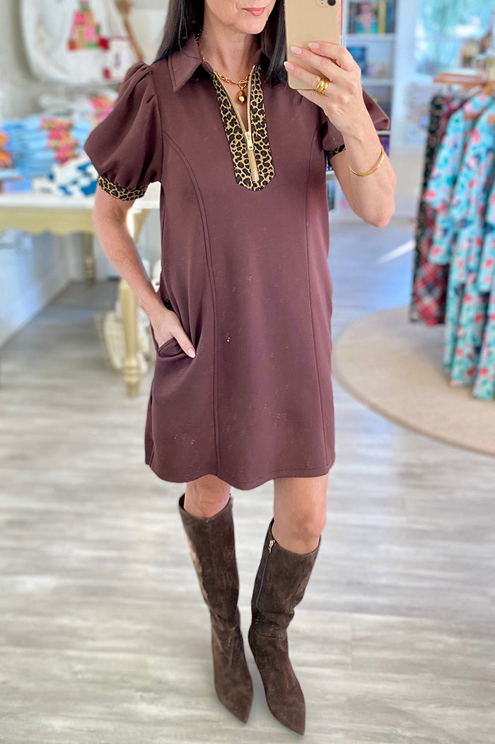Pocketed Leopard Trim Puff Sleeve Mini Dress