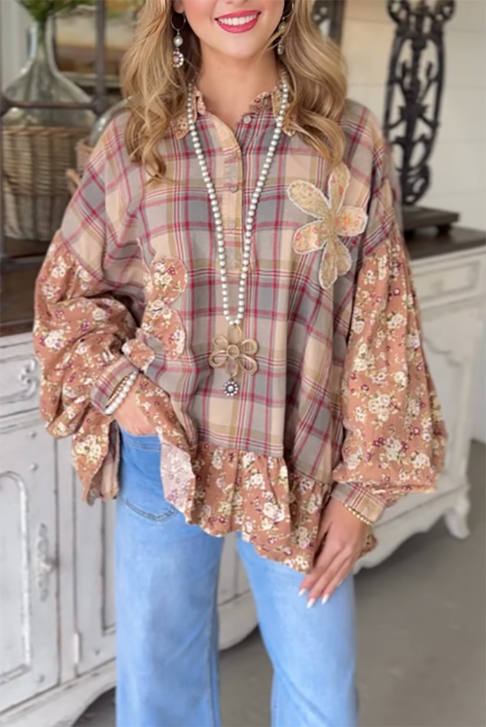 Oversized Plaid Floral Patchwork Puff Sleeve Top