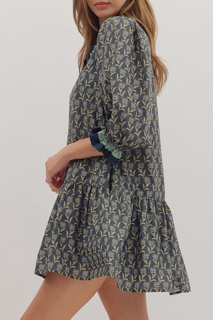 3/4 Puff Sleeves Ruffle Cuffs Pocket Dress