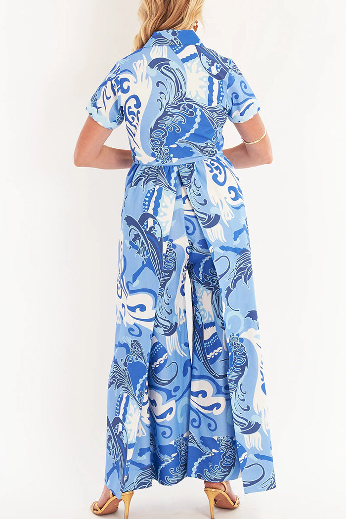 Blue Abstract Print Collared Shirt Tunic