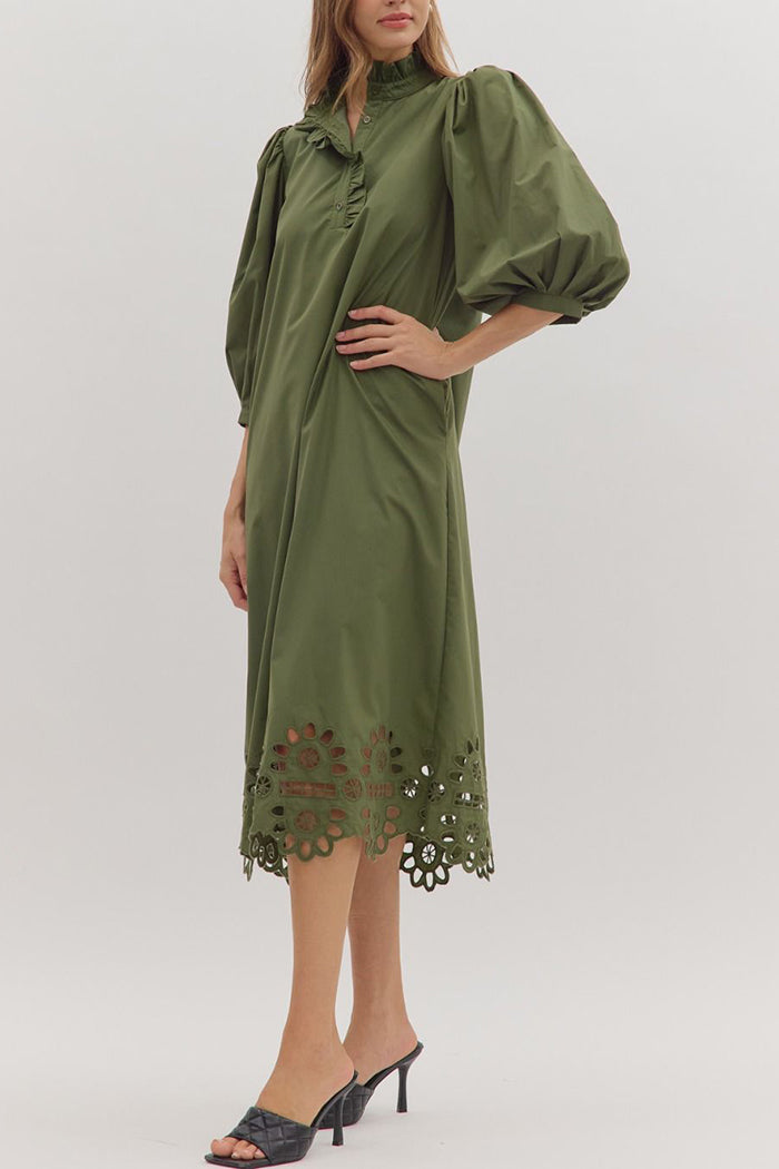 3/4 Puff Sleeve Scallop Hem Pocket Midi Dress