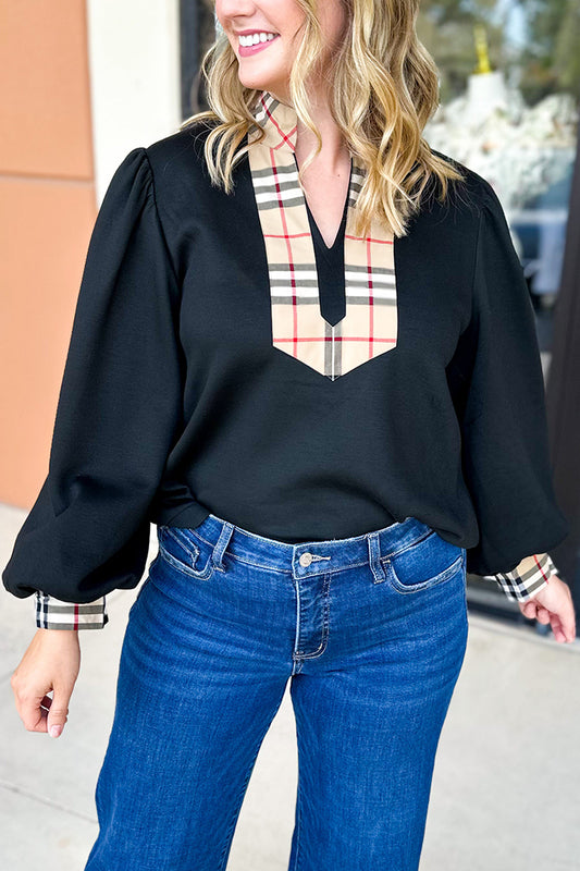 Casual Plaid Trimmed Top