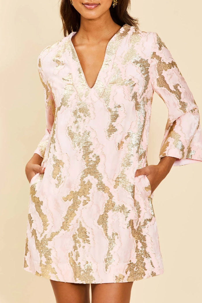 Jacquard Bell Sleeve Pocketed Mini Dress