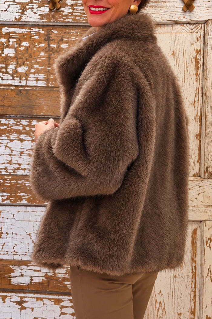 Mocca Stand Collar Faux Fur Coat