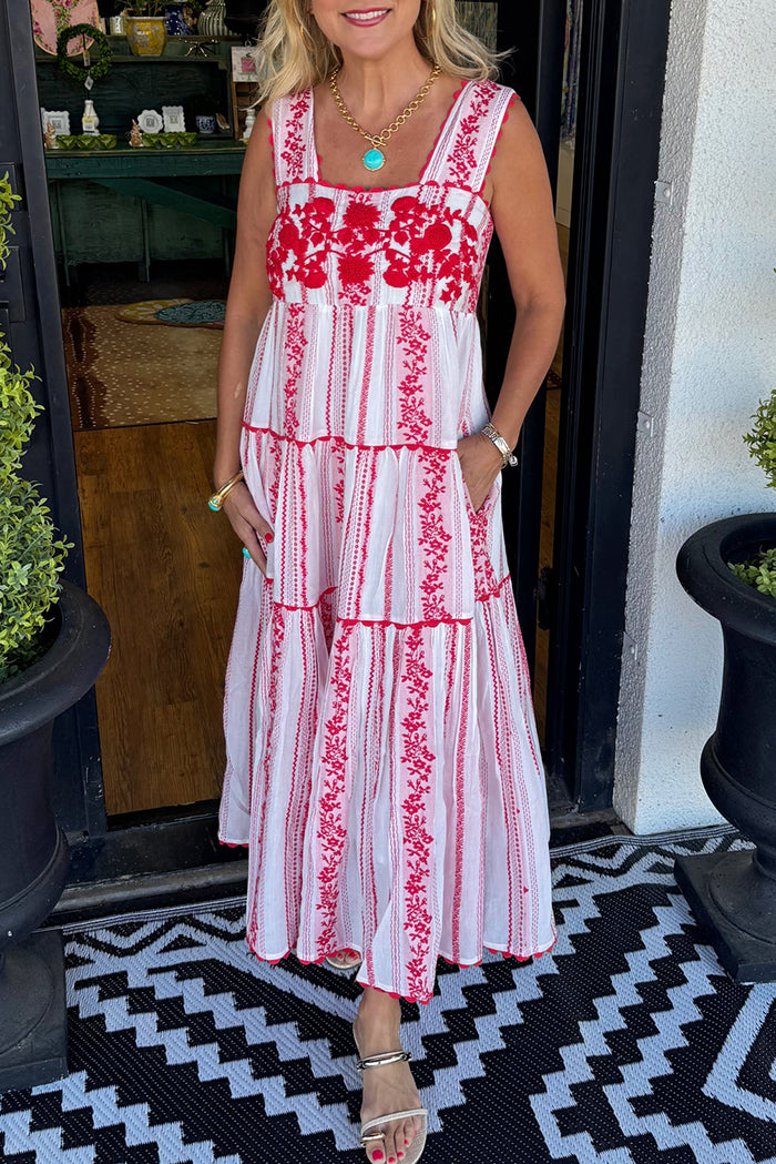 Red Floral Tiered Pocket Dress