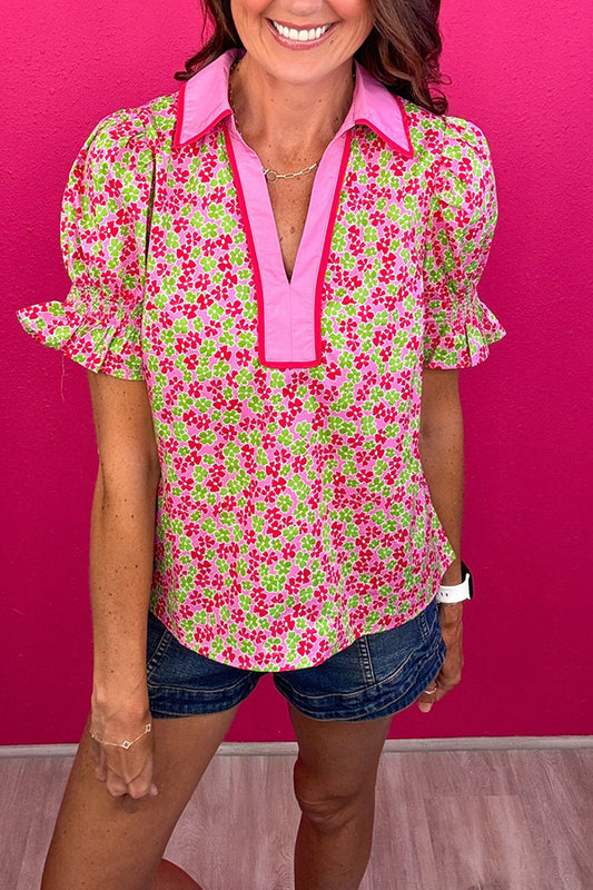 V-Neck Puff Sleeved Floral Top