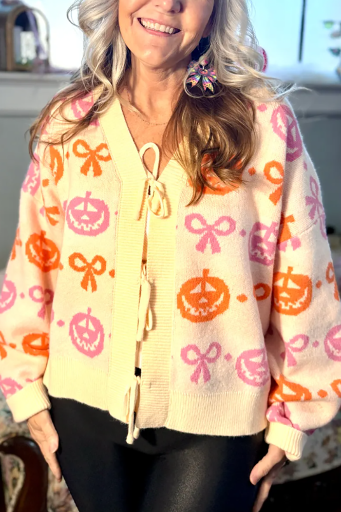 Casual Tied Pumpkins Cardigan