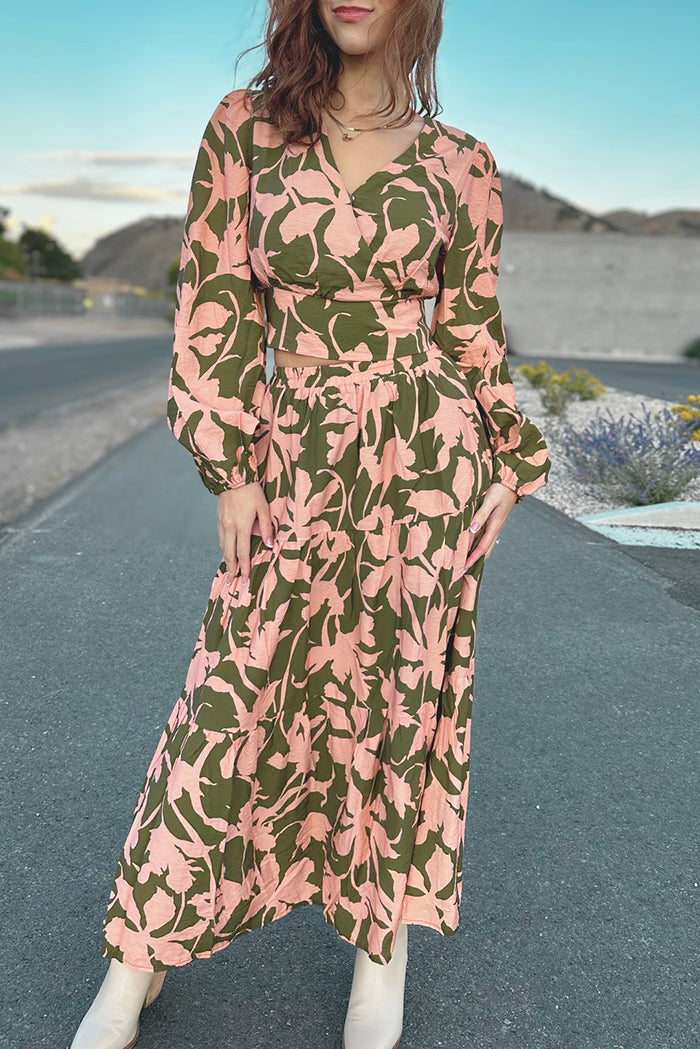 Vintage Floral Printed V-Neck Waist Cinched Midi Dress