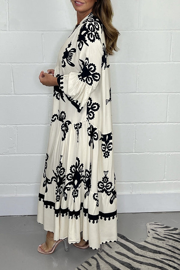 Cream & Black Printed Floaty Maxi Dress