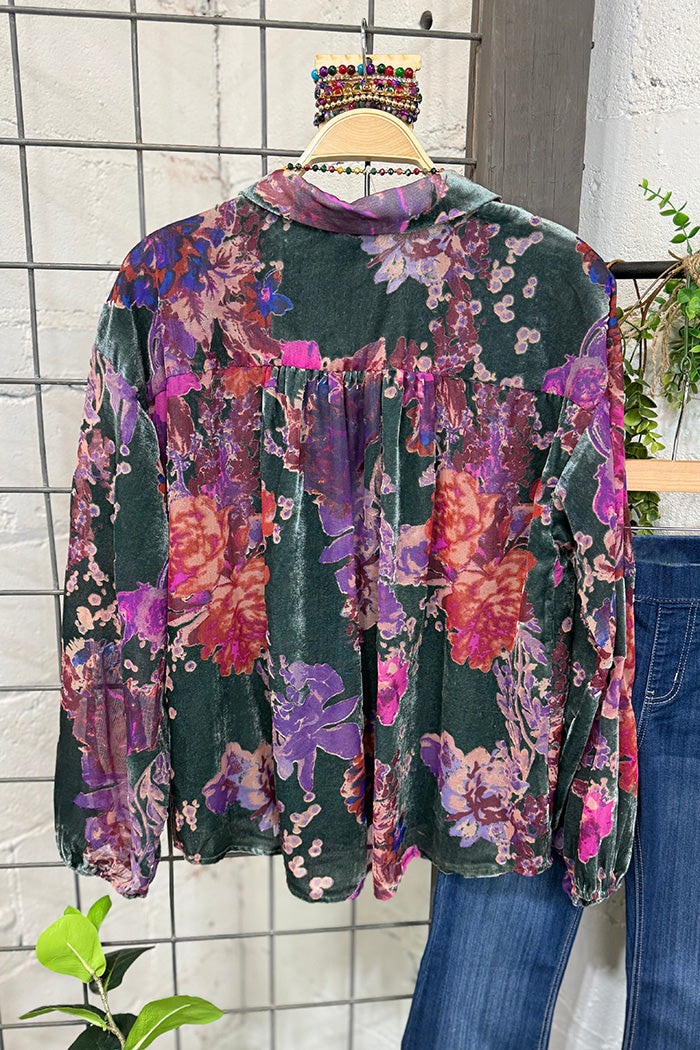Pocketed Artistic Floral Velvet Top