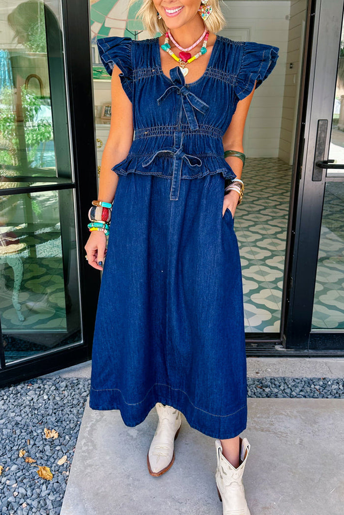 Bow Flutter Sleeve Denim Dress