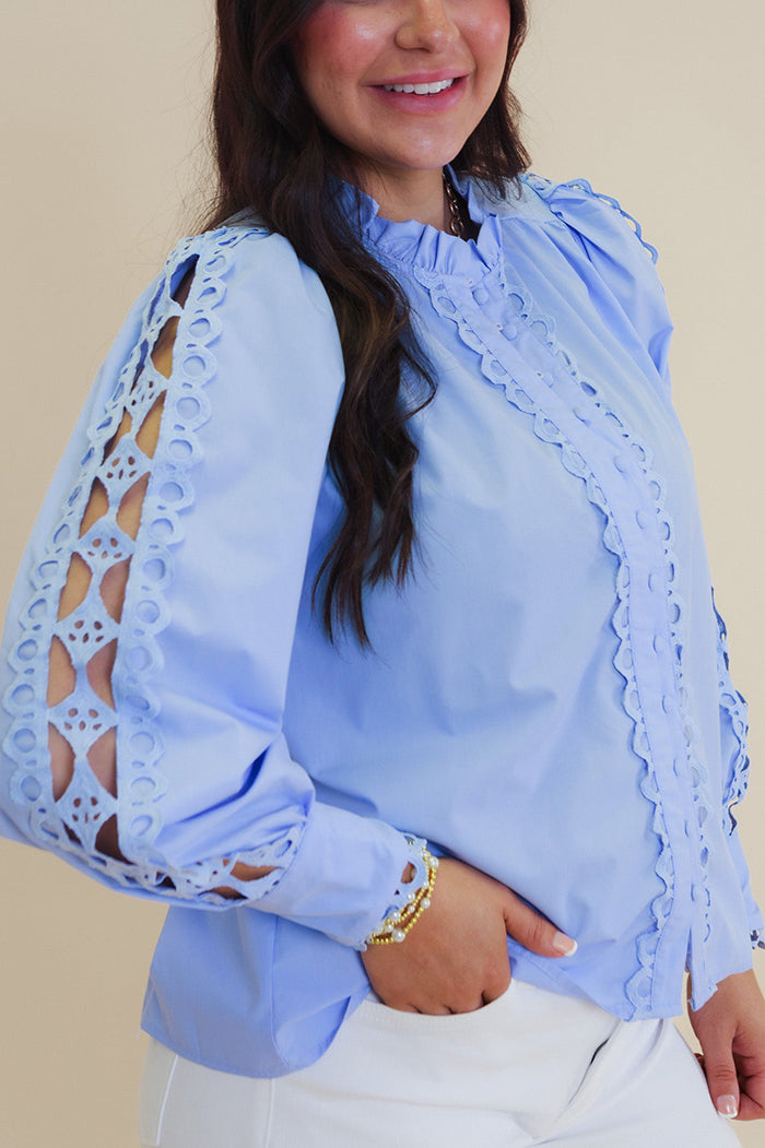 Ruffled Collar Open-Work Lace Top
