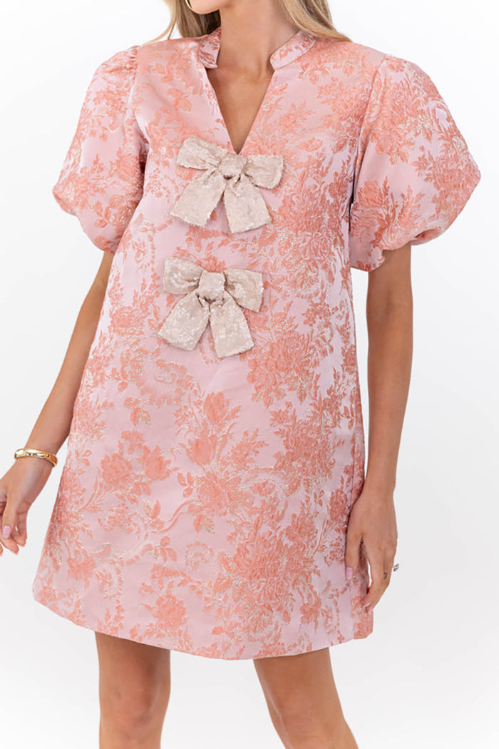 Floral Print Puff Sleeve Bow Dress