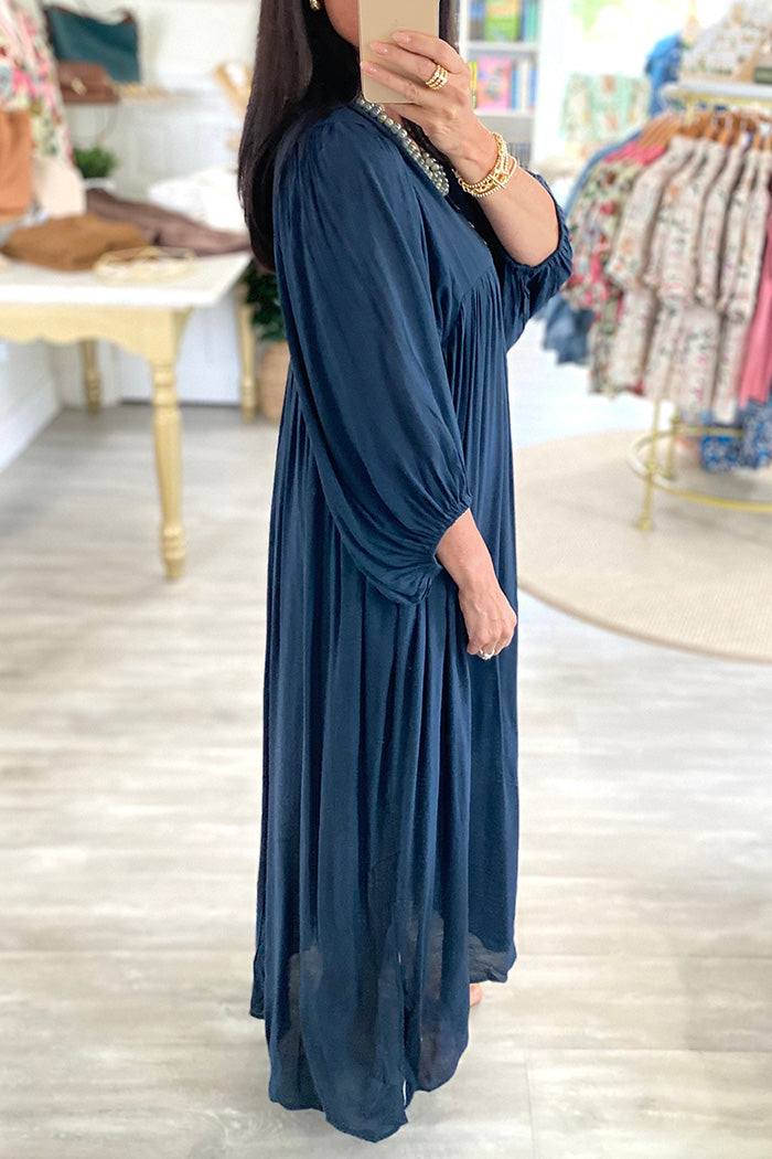 Bell Sleeve Side Slit Pocket Flowy Midi Dress