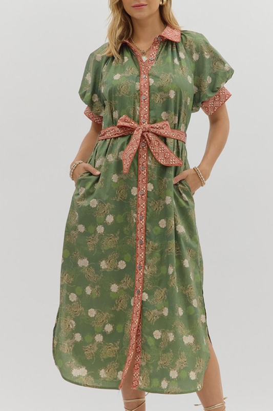 Contrasting Color Trim Floral Dress