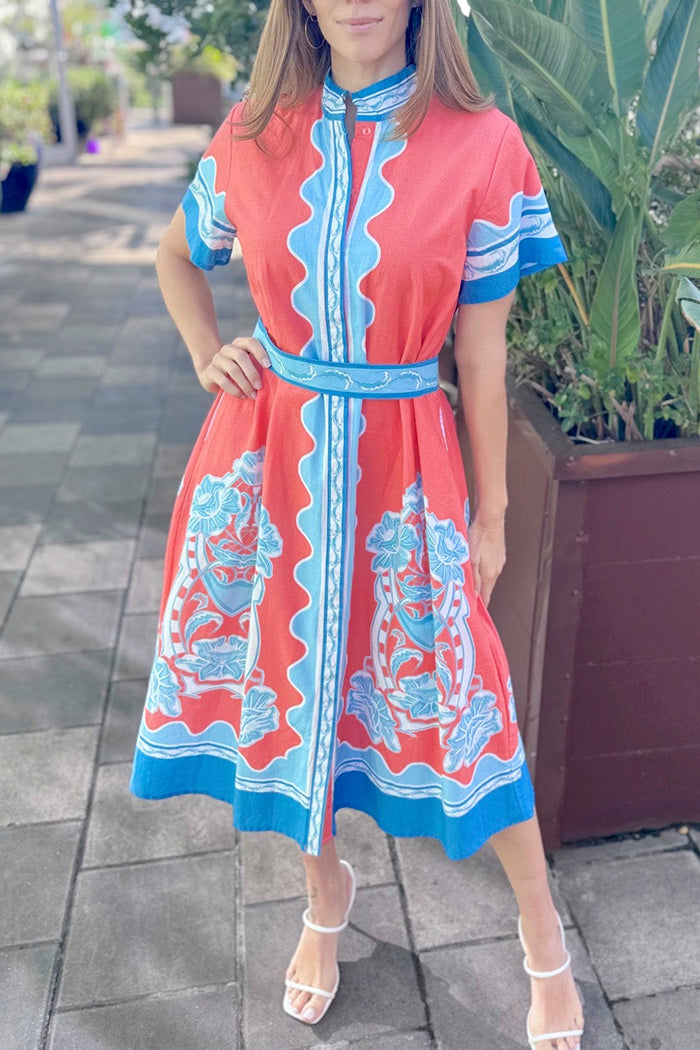 Short Sleeve Belted Floral Dress