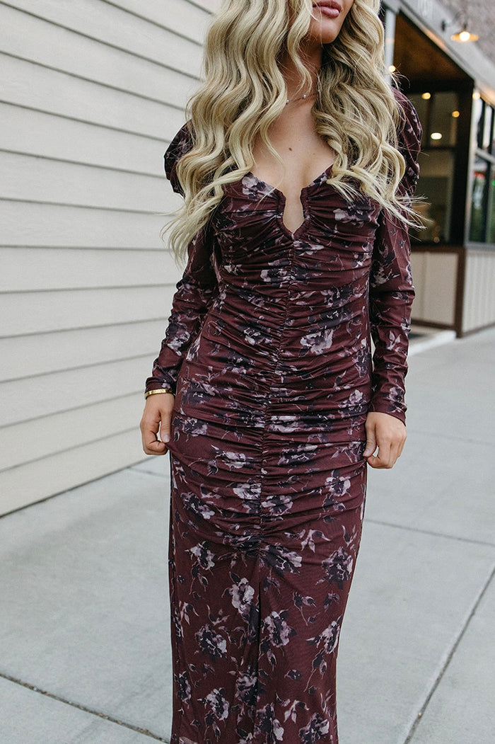 Floral Ruched Plunging V Mesh Dress