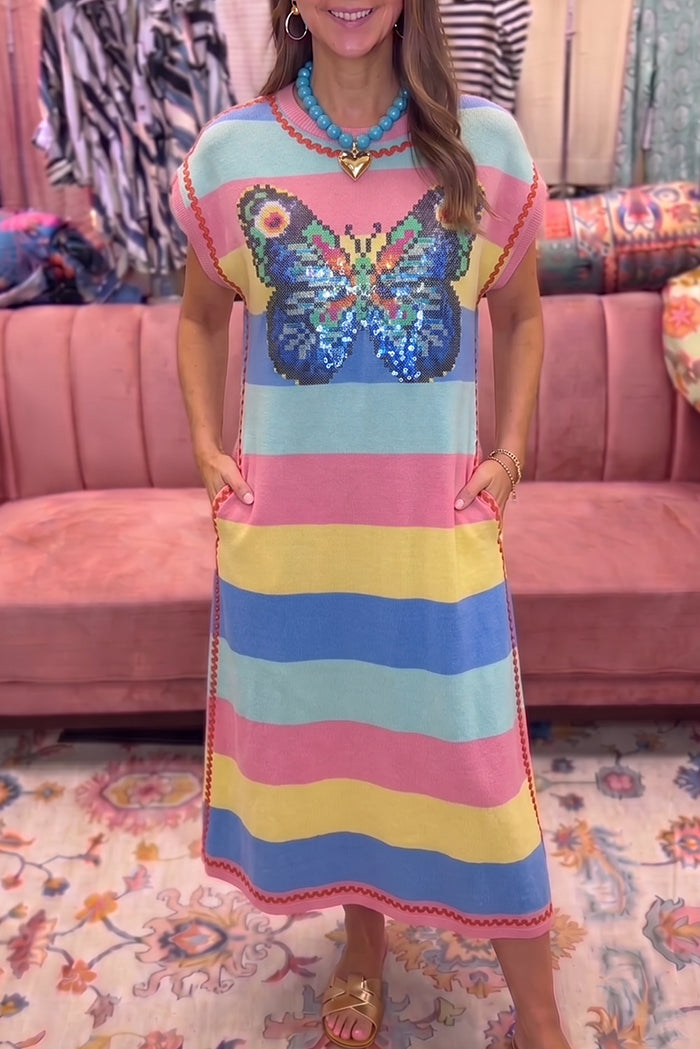 Sequin Butterfly Stripe Pocket Dress