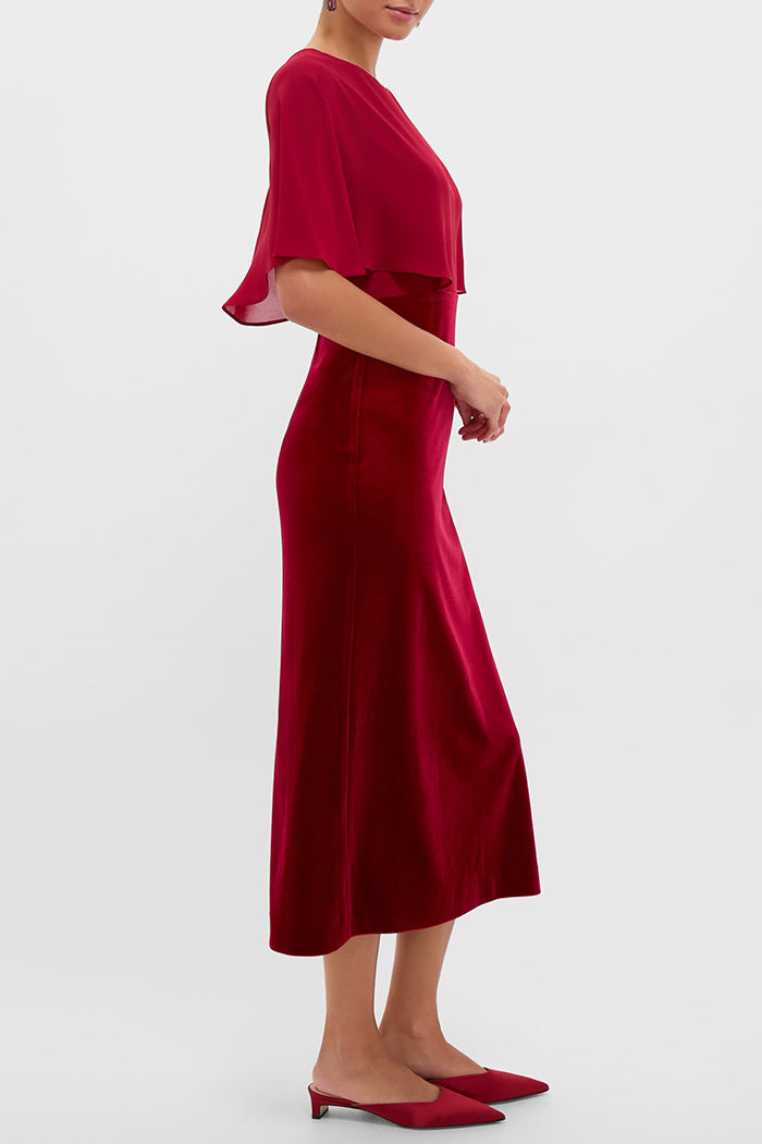 Velvet Chiffon Mixed Media Cape Dress