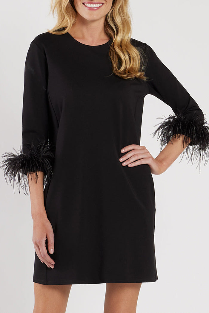 Elegant Black 3/4 Sleeve Feather Cuff Dress
