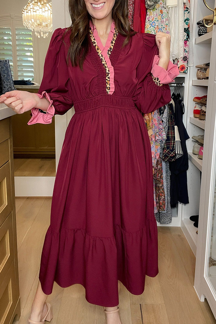 Ruffled Trim Puff Sleeve Maxi Dress