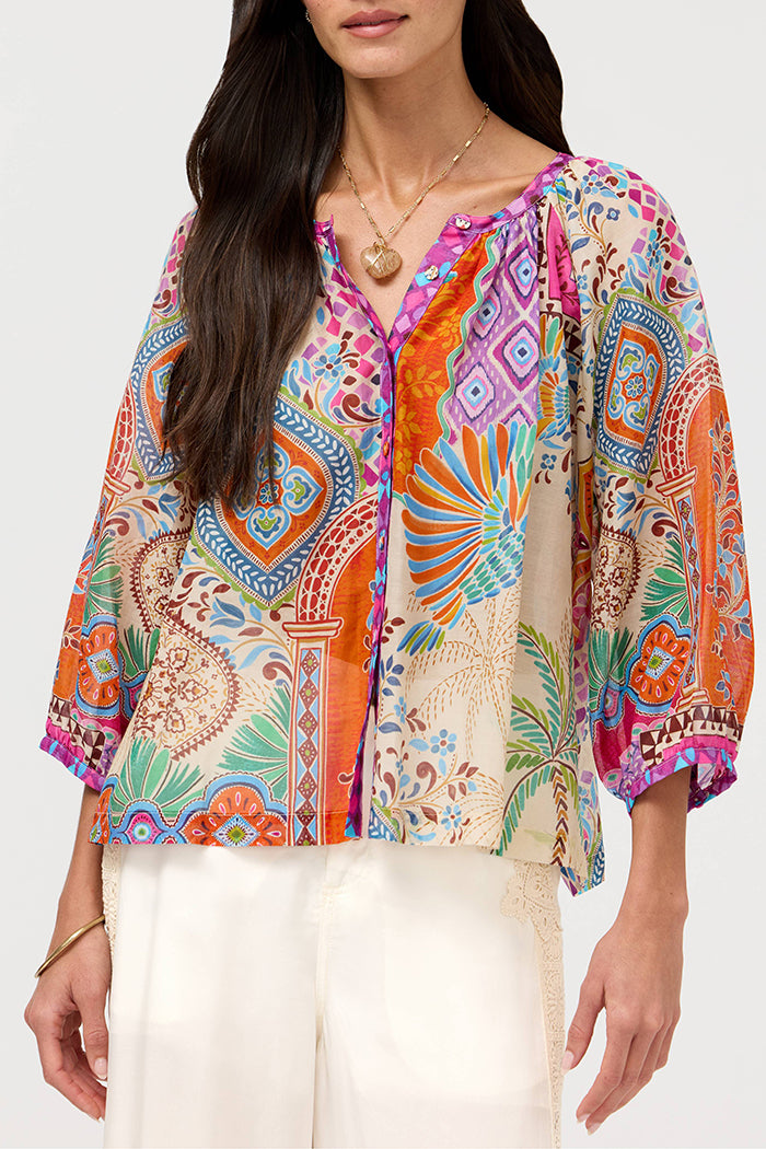 Boho Patchwork Paisley Raglan Elbow Sleeve Casual Top