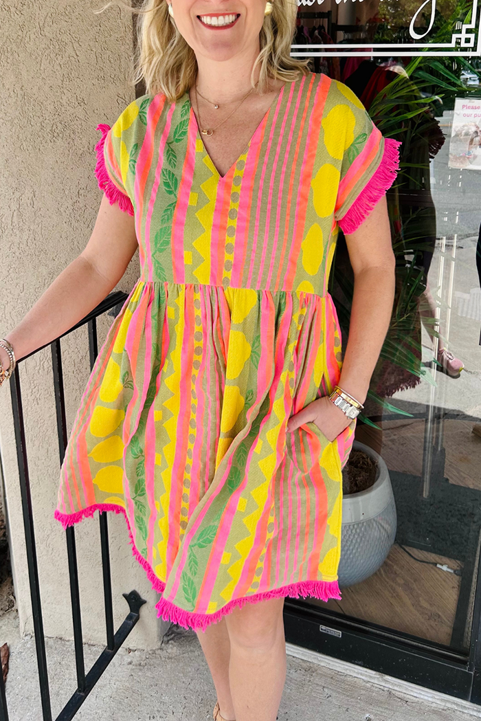 Casual Lemon Fringe Trim Dress