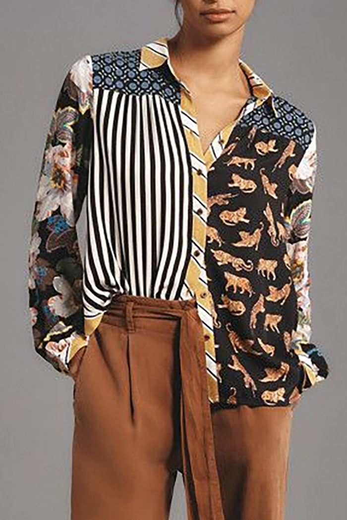Mixed Print Patchwork Long Sleeve Shirt Top
